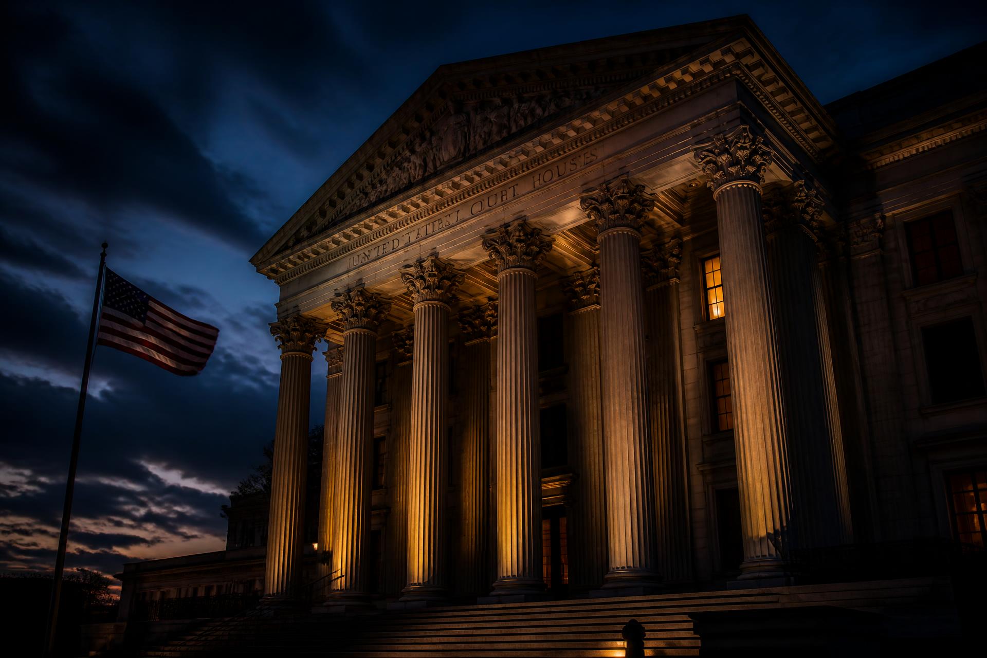 American federal courthouse at dusk